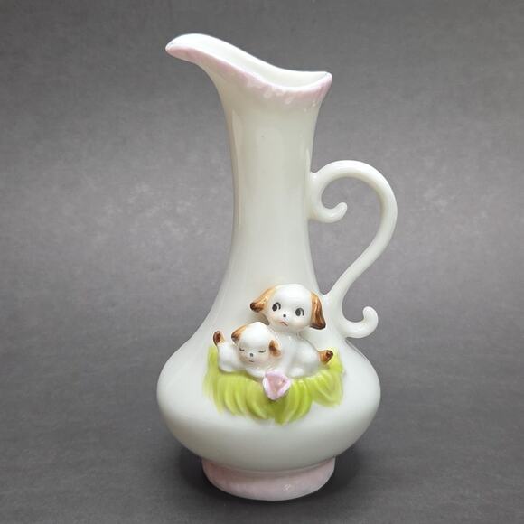 Kato Kogei 5-1/2in Porcelain Bud Vase Puppies Pitcher Small Shelf Desk Decor - Picture 1 of 9